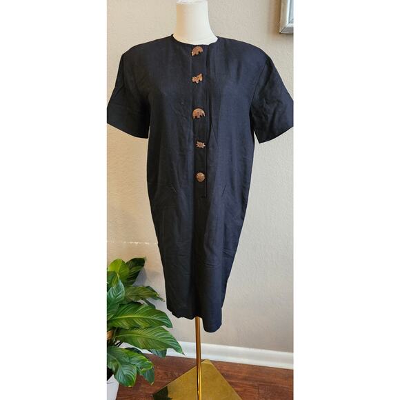 Vintage Evan Picone Flax Shift Dress Animal Wooden Buttons Women's Size 6 Black